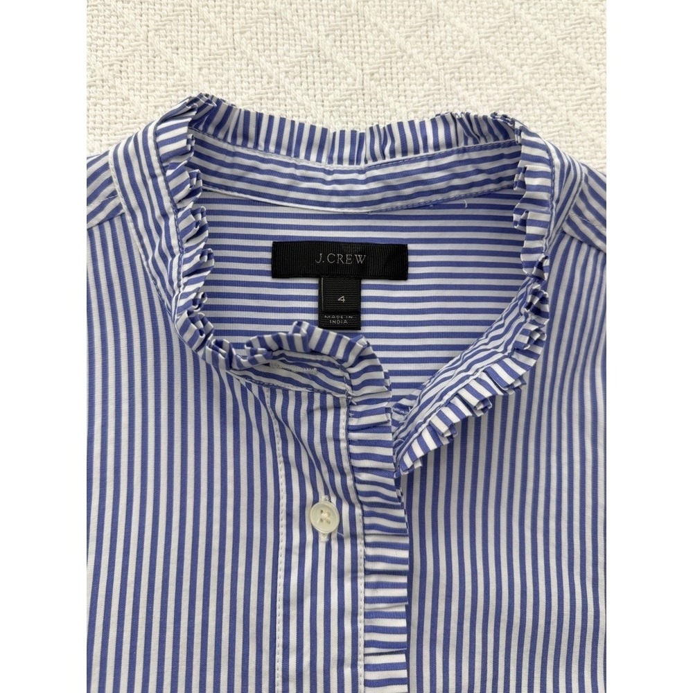 J.Crew Ruffle Poplin Shirt Blue White Striped Cotton Button-Up Womens 4 - Picture 3 of 7